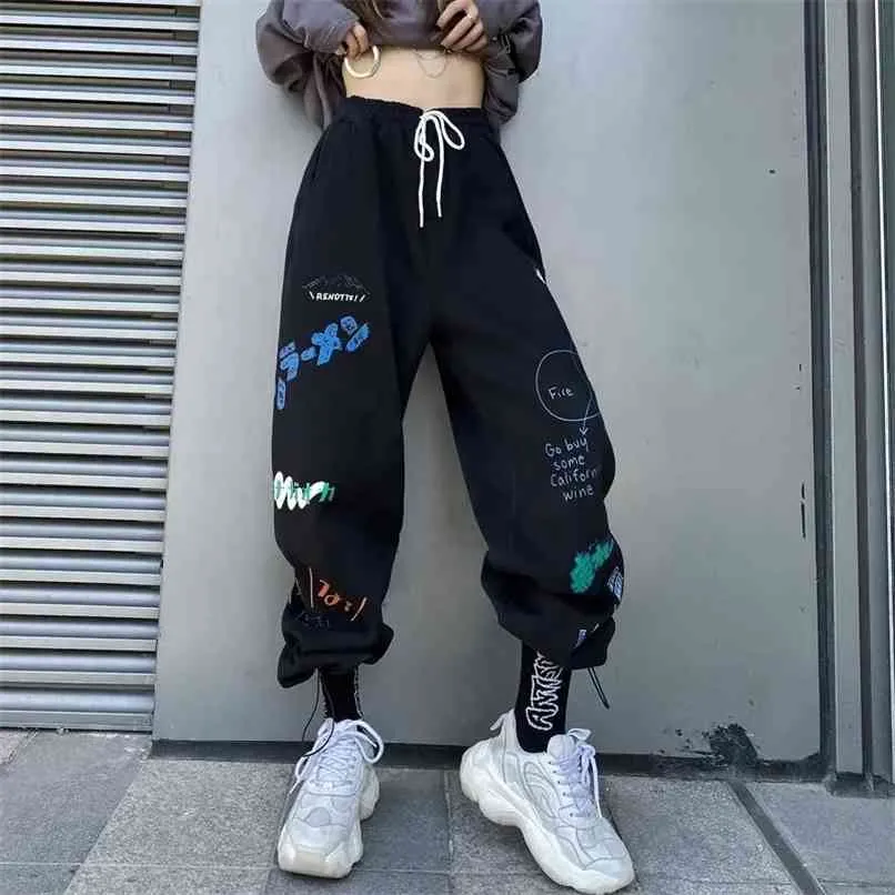 Kvinnor lösa byxor mode mönster byxor kvinnlig hög midja jogger bredben casual byxa kvinna gata hip hop 210915