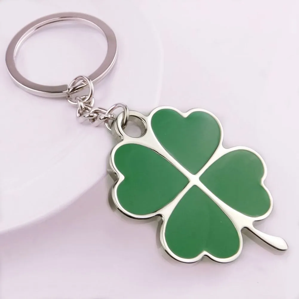 100 pcs Festa Favor Aço Inoxidável Folha Verde Keychain Lucky Keychains Jóias Quatro Folhas Clover Metal Luck Sorte Keyring Chaveiro Titular DHL