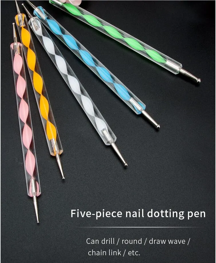 5PCS / Set 2 Way Acrylique Nail Dotting Pen Tool Art Tip Dot Paint Kit de manucure, Stone Gaufrage Stylet pour la peinture (5pcs / pack)