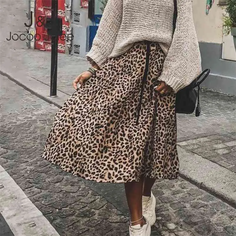 Jocoo Jolee Gonna Donna Stampa leopardata Gonne a pieghe Vintage Coulisse Vita elastica Gonne midi Casual Coreano Gonna a linea 210730