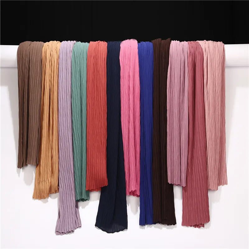 2021 Nova Folha Plissada Mulheres Wrinkle Bubble Chiffon Hijab Scarf Shawls Crinkle Turbante Muçulcano Envoltórios Plissados ​​Shawls Long Wrap Scarves