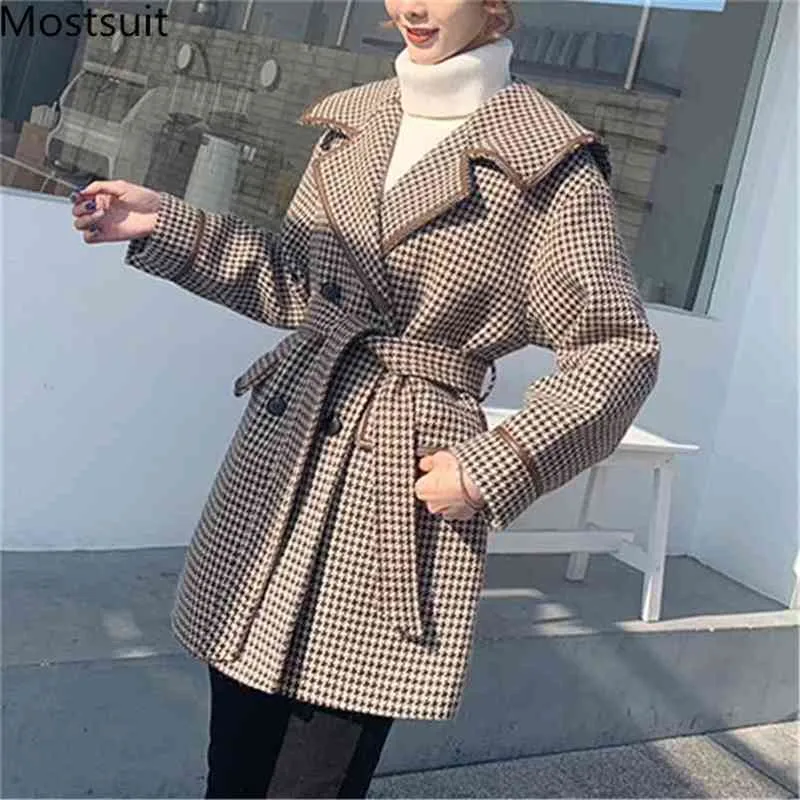 Coréen pied de poule laine longs manteaux vestes femmes automne hiver manches double boutonnage ceinturé élégant dames 210513
