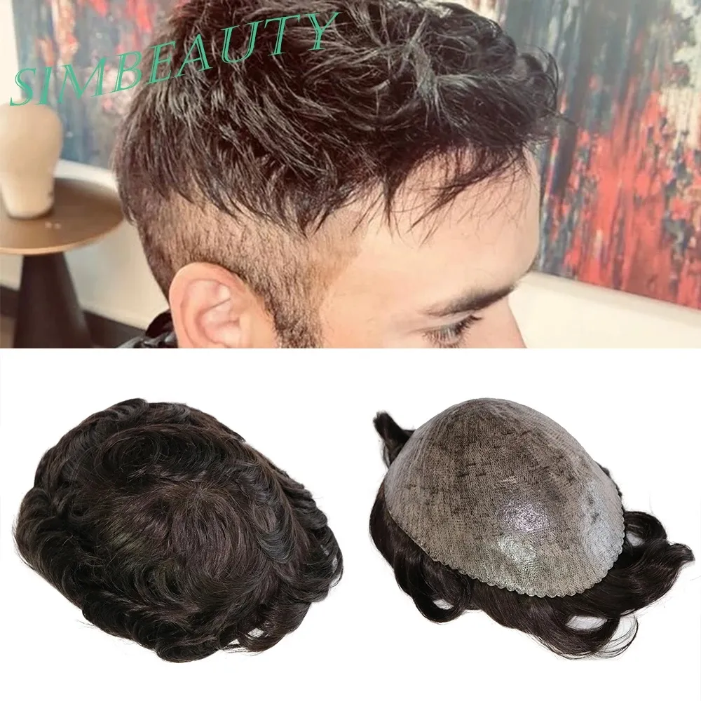 100% indien Remy cheveux humains pleine PU peau mince Base système de remplacement de perte de cheveux hommes toupet couleur marron perruque ondulée pour homme Clips