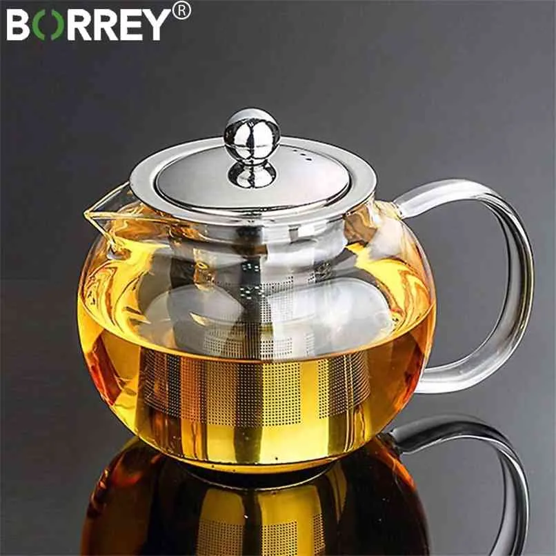Borrey Borosilicate Стеклянный чайник с съемным инфузором фильтр термостойкая чашка набор цветок пуэр улун чай чай 210621