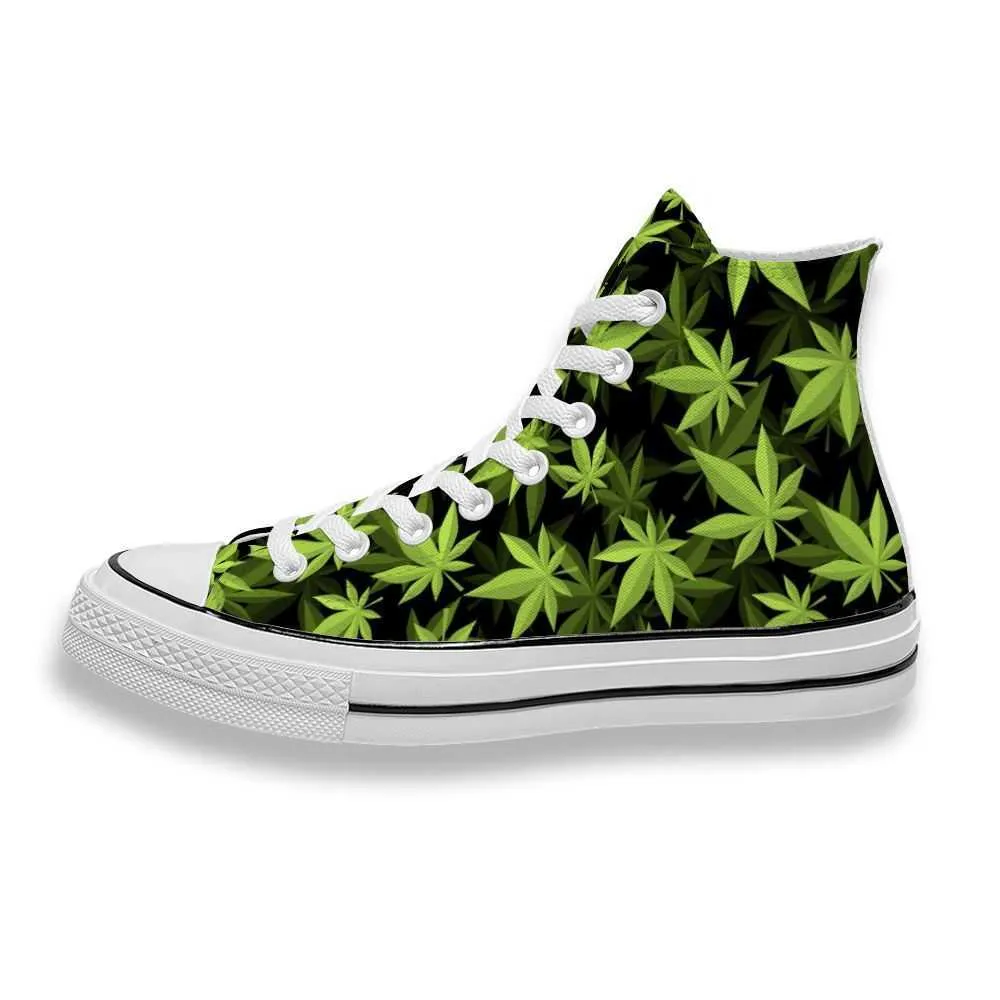 Custom Printed Green Cannabis Leaf Sneakers High Unisex Mens Womens ...