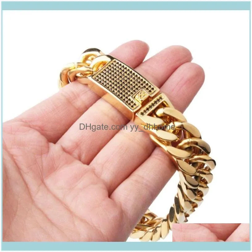 Enlace, pulseras Jewelry15Mm Wide Fashion Jewelry 316L Acero inoxidable Gold Tone Cuban Curb Chain Bracelet Bangle Mens Gift High Quality 7 "-1