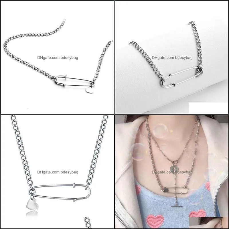 Steel Paper Clip Necklace Rock Punk Style Safety Pin Pendant Necklaces With Blank Heart Charm Mirror Polished