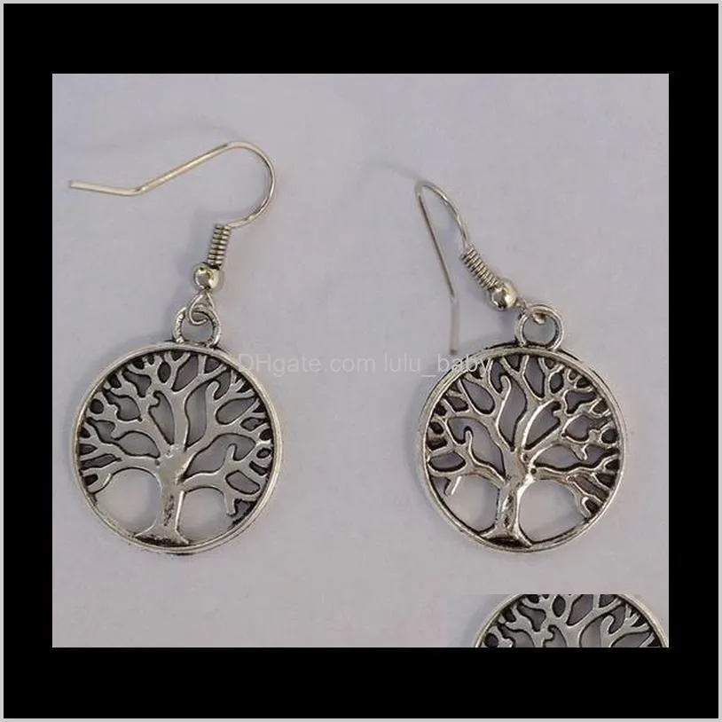 Vintage Tree Of Life Antique Silver Tone Hollow Out Womens Jewelry Gifts Hanging Dangle Hook Earrings