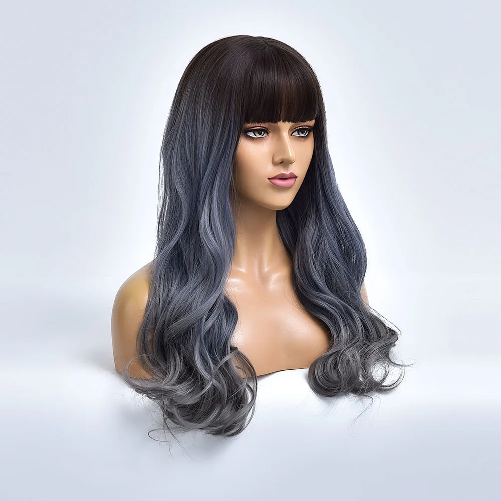 Ombre Dark To Grey Wave Synthetic Wigs For Black White Women With Bangs Daily Heat Resistant Long Fake Hair Natural Cosplay Wig