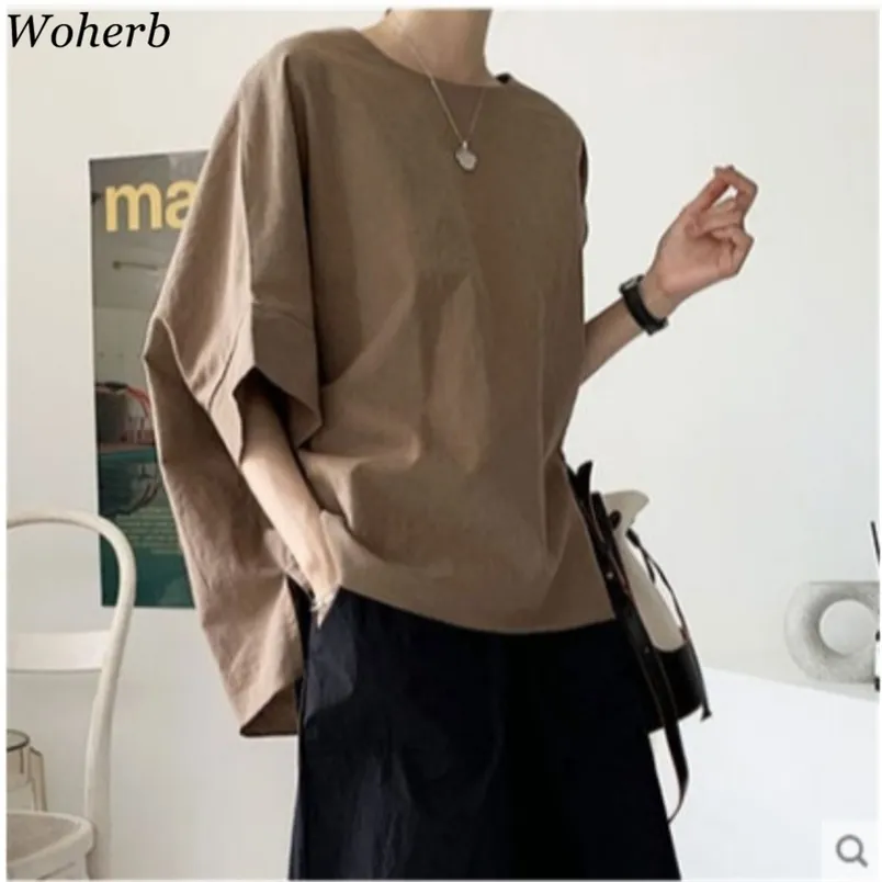 Women Summer Tunic Blouse Loose Oversized Round Neck Short Sleeve Office Lady Shirts Casual Minimalist Solid Blusas Femme 210519