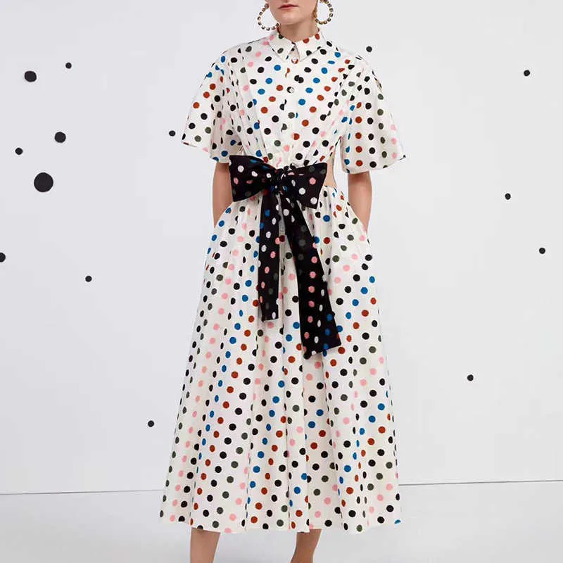 Vintage bunte Dot Sommerkleider für Frauen Bogen Silm Taille aushöhlen elegante Büro Dame Vestido feminino 210525