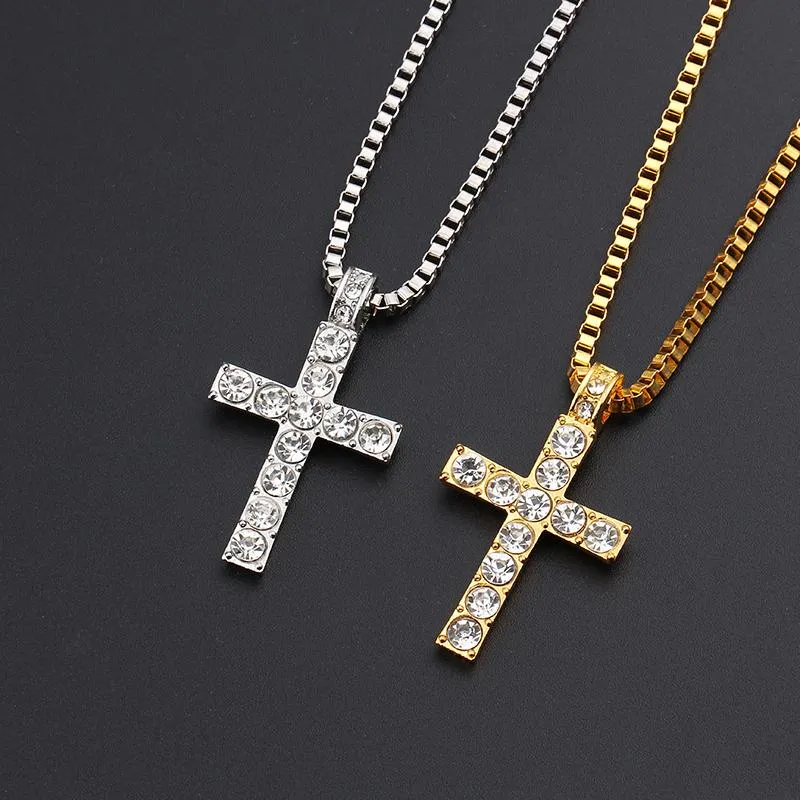 Hip Hop Liga De Ouro Prata Cor Cross Pingente Colar Religiosos Cristal Crucfix Lucky Jewely for Homens Cadeia Colares