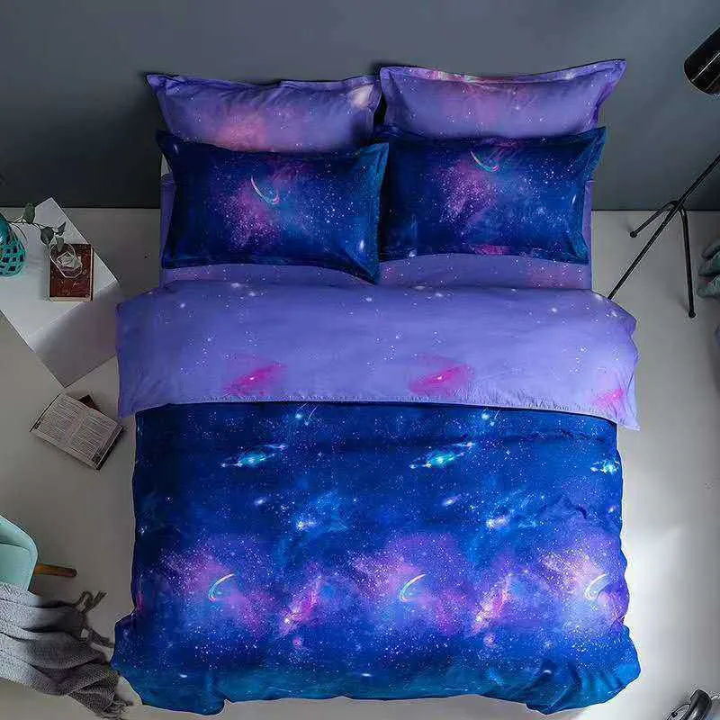クアップの高級星空の空印刷の寝具セットキングサイズの羽毛布団カバーベッドキングクイーンの城塞ベッドファッションキルトカバー210706