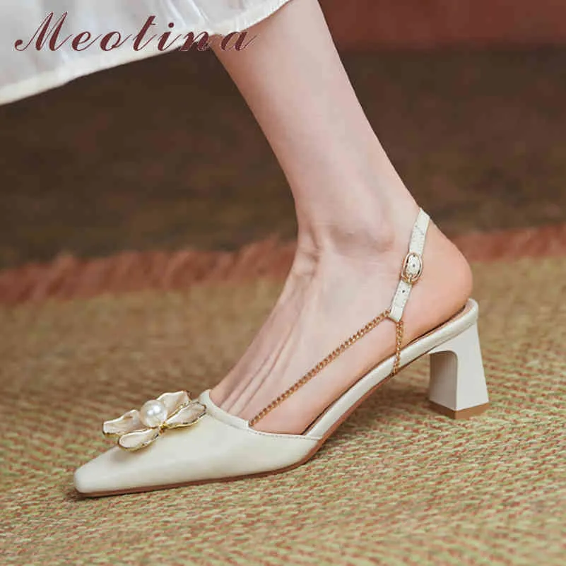 Méotina authentique cuir haut talon sandales fleur fleur toe talons épais chaînes Sandales Sandales Slingbacks Ladies jaunes 210520