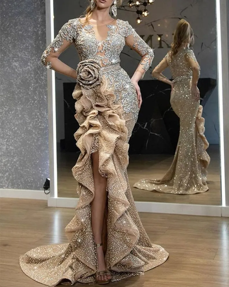 Plus Size Lantejoulas de Ouro Sereia Vestidos de Baile Elegantes Mangas Compridas Vestidos de Noite Fora Do Ombro Mulheres Barato Alta Dividir Vestido Formal 202625