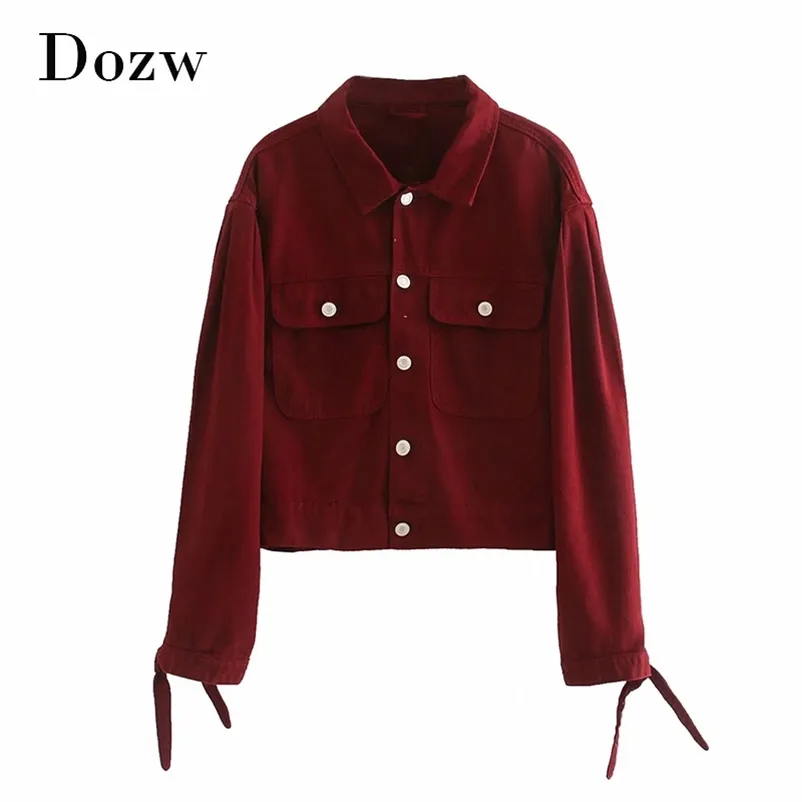 Vintage Wine Red Denim Jacket For Women Bow Tie Long Sleeve Fashion Coat With Pockets Turn Down Collar Jeans 210515