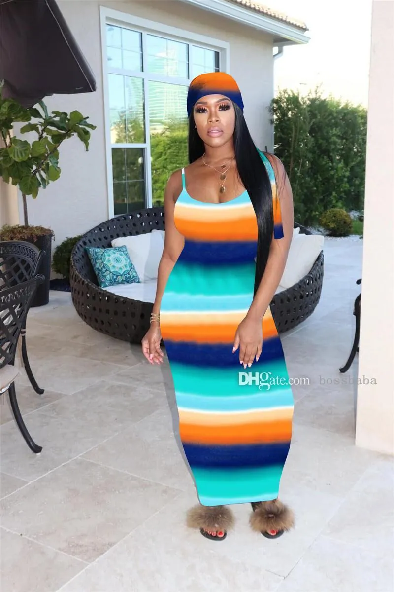 Women striped dresses spaghetti strap dress fashion beach skirts sleeveless maxi skirts summer clothes bodycon dress plus size S-3XL 3492