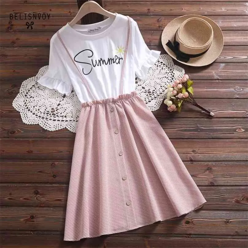 Preppy Style Summer Women Cute Dress Suspenders Printed Letter School Uniform Pink Elegant Kawaii Mori Girl Plaid Dresses 210520