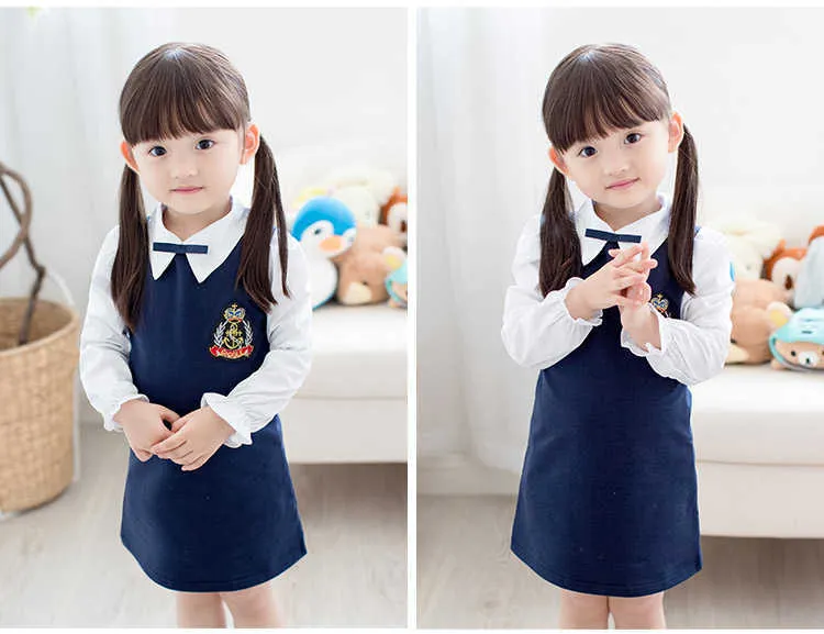  Sping Autumn New Fashion Preppy Style A-Line Long Full Sleeve Turn-Down Collar Red Blue Princess Kids School Girl Dress (6)