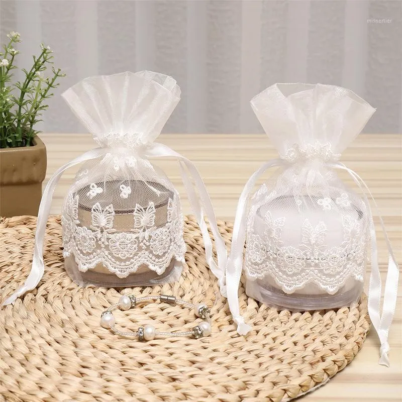 Gift Wrap White Organza Sweet Bag Mini 10x14CM LACE DrawString Pouch Storage Smycken Förpackning Makeup Party Wedding Favors för gäster