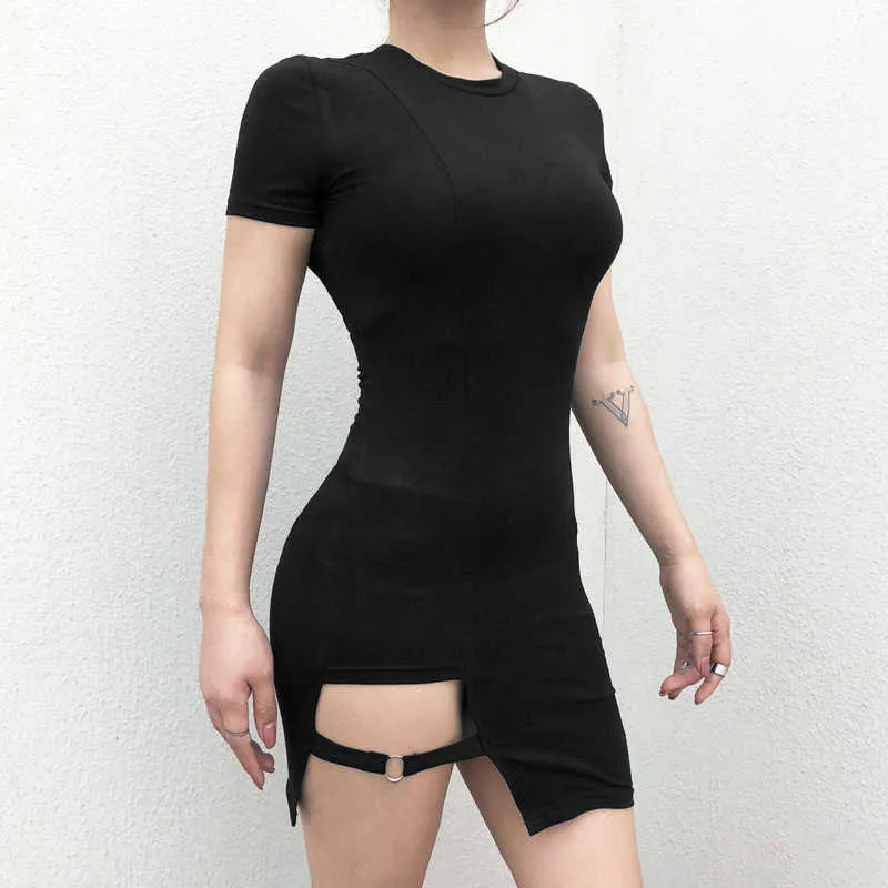 Korea Lato Topy Cienki Okrągły Neck Sexy Split Temperament Slim Krótki Rękaw Nieregularne Mini Dress Dresse JFM1 210603