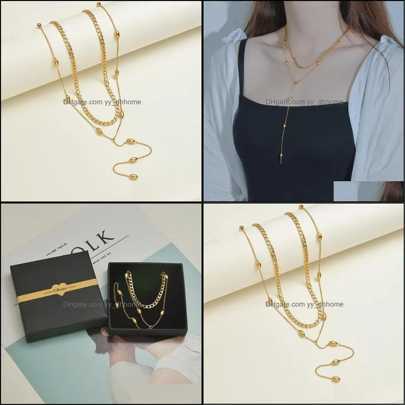 Chains MEYRROYU Stainless Steel 2 Layer Gold Color Beads Necklace For Women Tassel Chain Choker 2021 Trend Party Gift Fashion Jewelry