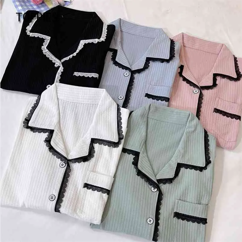 Conjunto de pijamas de algodón empalmado de encaje de primavera para mujer Ropa de dormir Camisas de manga larga y pantalones Cintura elástica Loungewear 210421