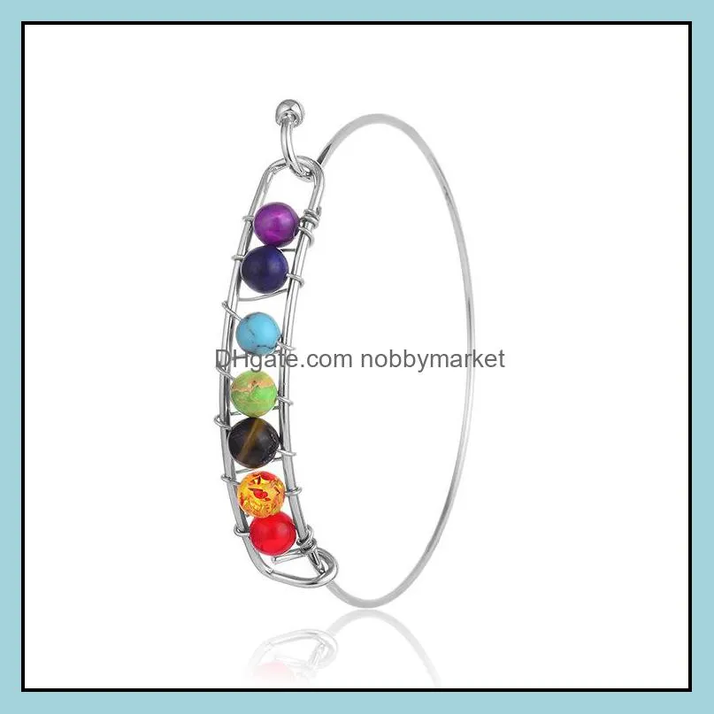 Yoga 7 Chakra wire Bracelet for Women Silver Gold Natural Stone Bangle Beads Reiki Spiritual Buddha Mens Fashion Jewelry Drop Ship