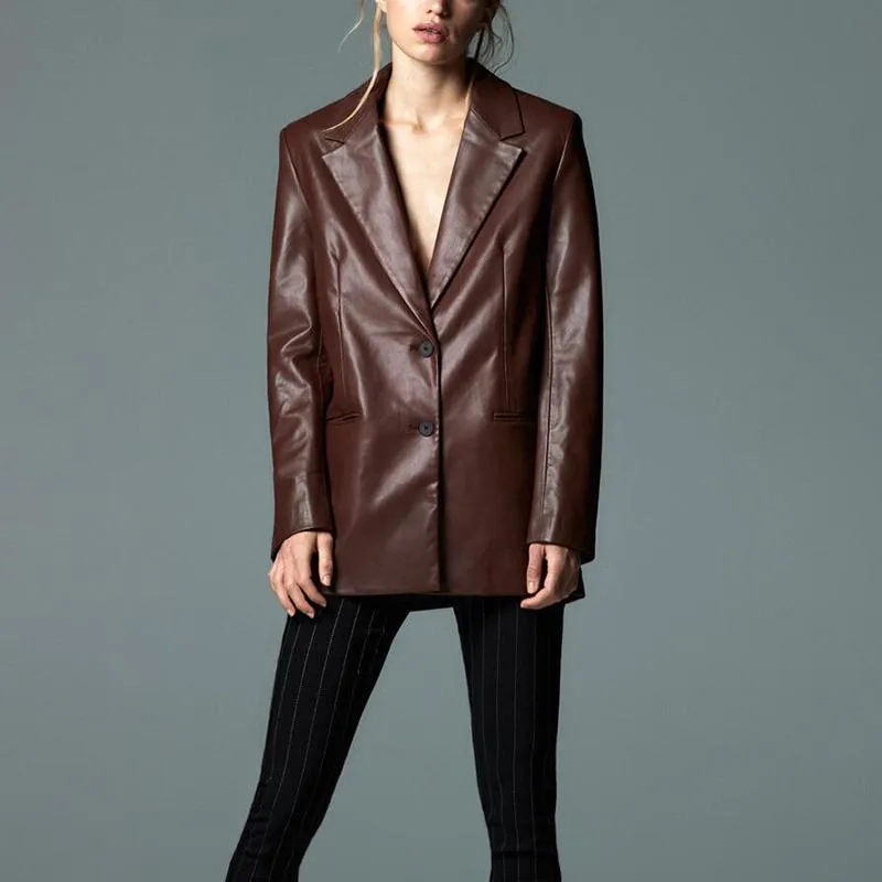 Kvinnors kostymer Blazers RR Winter Notched Women Fashion Brown PU Läder Jackor Elegant Single Breasted Långärmad Kvinnlig Dam