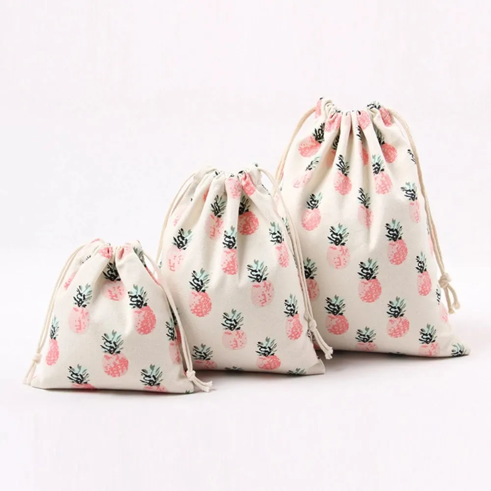 Girls small fresh cotton canvas bag custom bags pocket drawstring tea gift Organizer pineapple printing