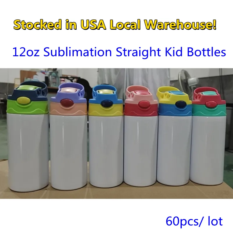 USA Stocks Sublimatie rechte Kid Water Flessen Tuimelaars Spaties 350 ml 12oz Sippy Cup Warmteoverdracht Cartoon Cartoon Dubbele wand Roestvrijstalen kinderen Cups Straw