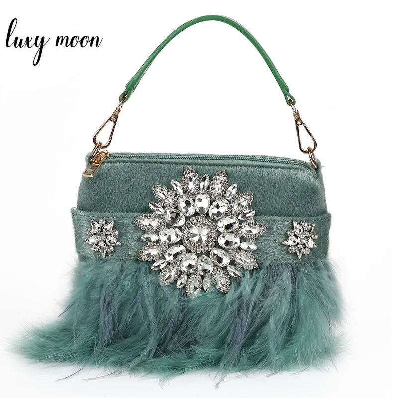 Bolso de mano con borlas de plumas para mujer, bolso de mano de diseñador de lujo para fiesta de boda, con diamantes de imitación, color rosa, verde y blanco, ZD1296