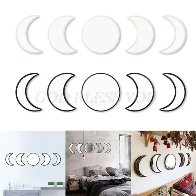 5pcs Moon Phase Decorative Mirror Wall Stickers Wall Decal Home Decoration Living Room Balcony Posters Drop 210929