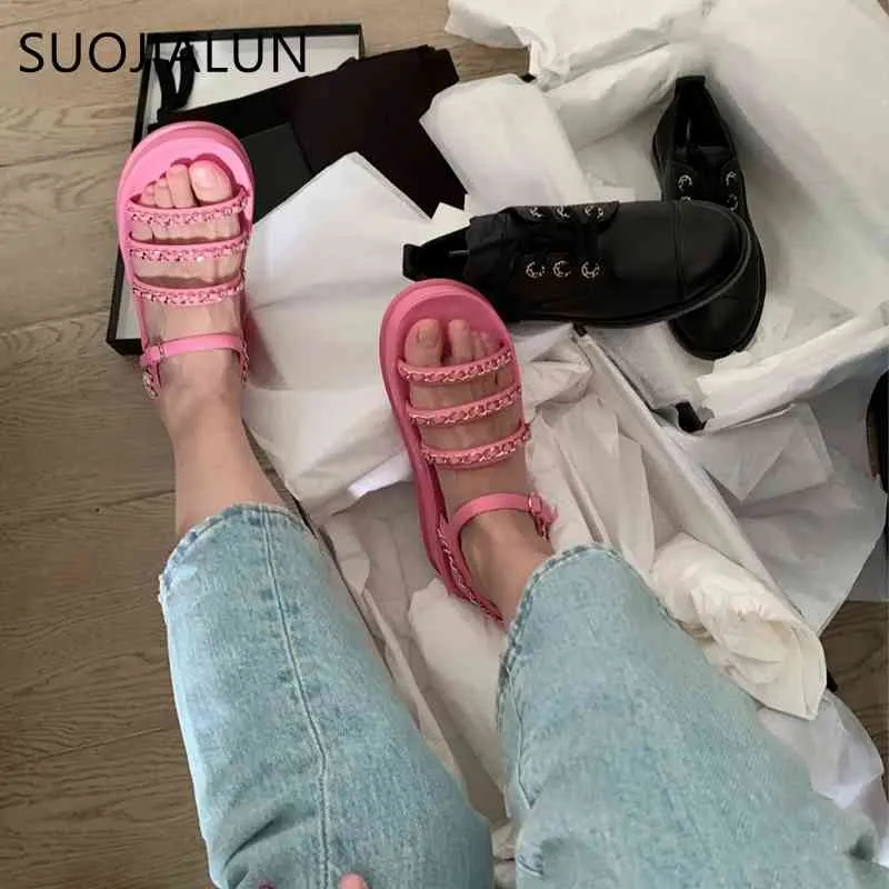 SUOJIALUN 2021 New Brand Women Sandal Fashion Chain Low Heel Gladiator Shoes Buckle Back Strap Casual Slides Shoes zapatos mujer K78