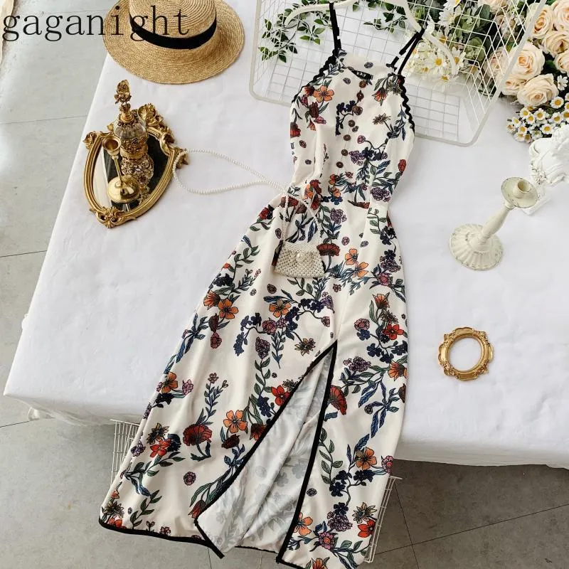 Gaganight vintage blomma sexig sommar kvinnor fest klänning ärmlös hög split mode maxi semester klänningar kvinnlig vestidos slim 210519