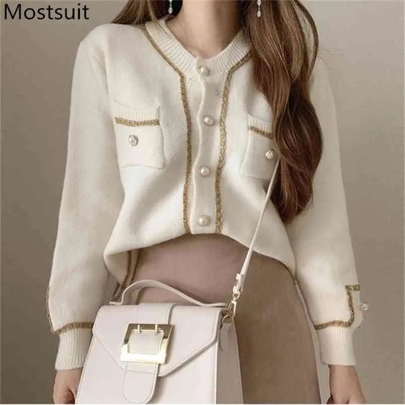 Koreanische elegante Vintage Frauen Strickjacke Pullover Herbst Winter Langarm einreiher Taschen Damen Tops Jumper Femme 210513