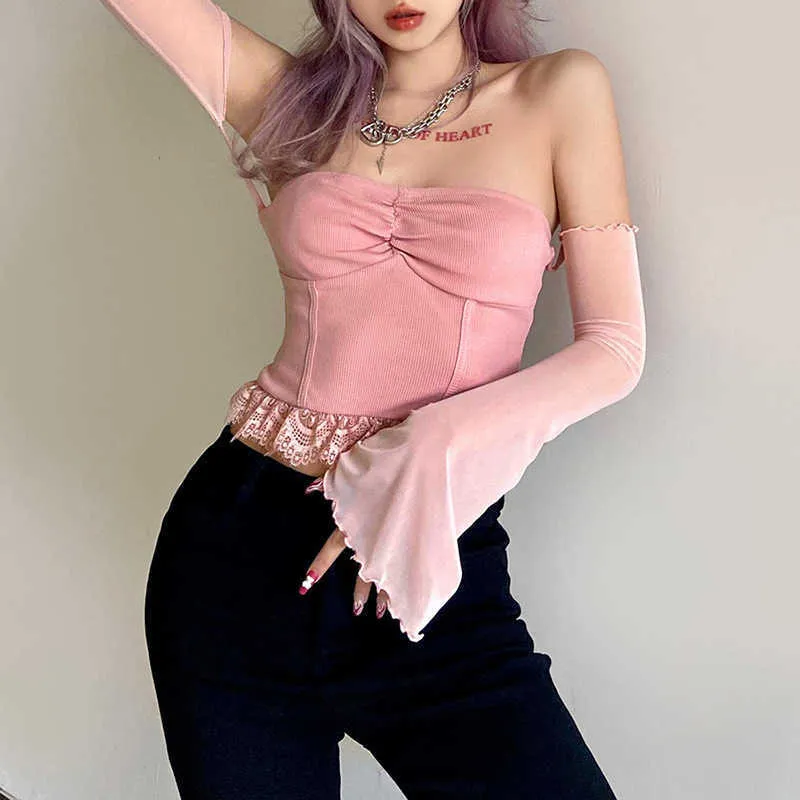 Neonbabipink Fairy Grunge t shirty dla kobiet Sheer Siatki z długim rękawem Off Ramię Koronki Wykończenia Crop Top Estetyczne ubrania N94-CZ12 Y0629