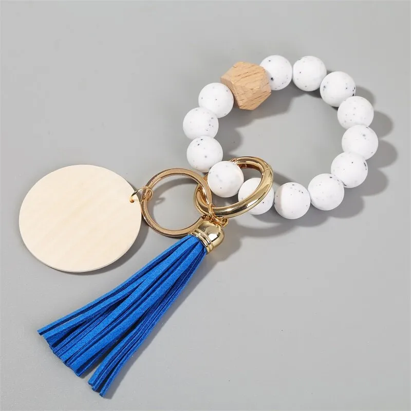 7 Styles Wooden Beaded Bracelet Keyring Party Silicone Beads Keychain Handbag Pendant for Women Monogrammed Engrave Wooded Chip Crafts