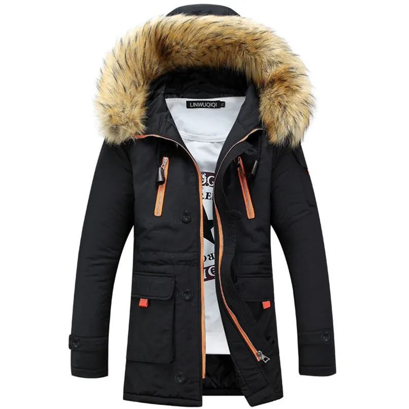 Mäns Klädsel Vinter Jackor Faux Fur Collar Long Parkas Men Outwear Hooded Windbreaker Coats Male Outdoor Snow Jacket Kläder 211206