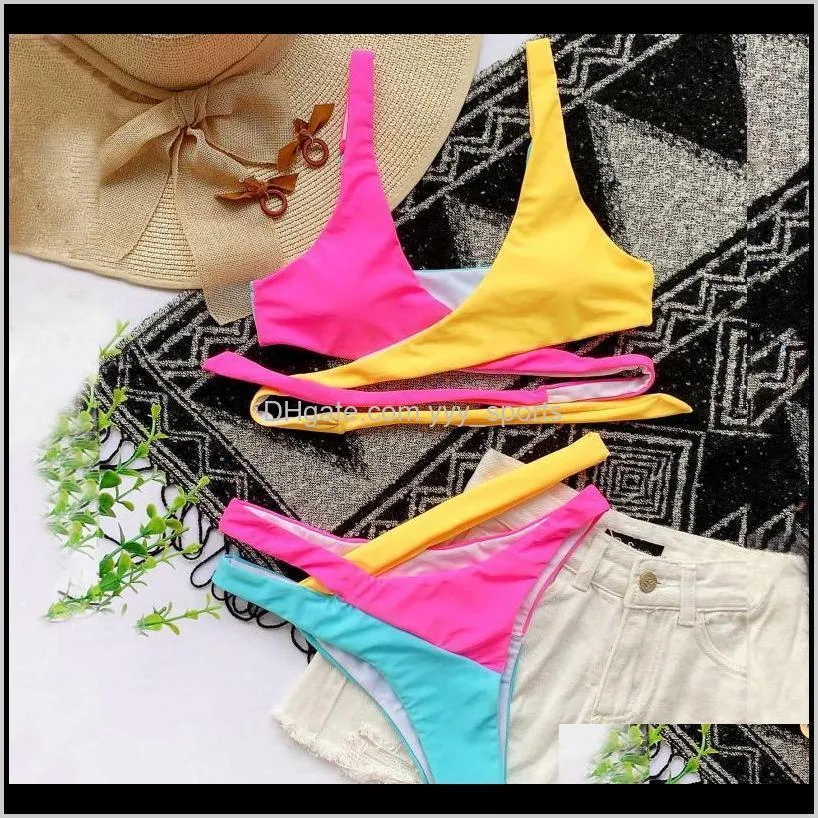 colorful splicing bikini female swimsuit women swimwear piece bikini set asymmetric mid waist bather bathing suit swim