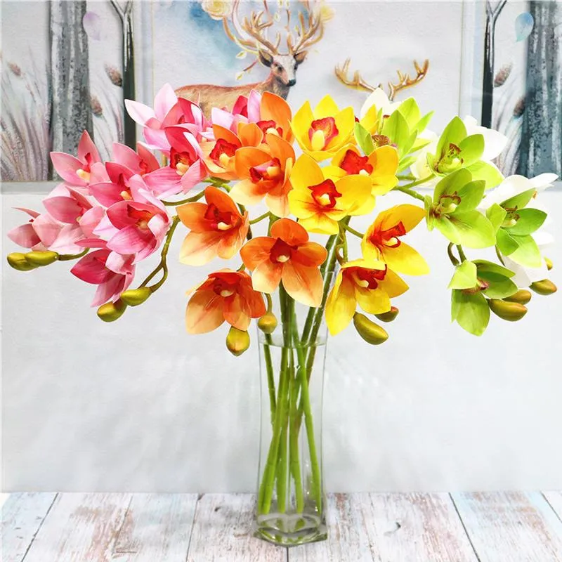 Decorative Flowers & Wreaths High-end Artificial Flower 3d Print Butterfly Orchid Green Plastic Fake Cymbidium Home Decoration