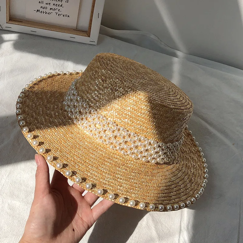Utomhus kvinnor platt strå hatt enkel stil sommar mössor pärla sol skydd keps strand breda hattar s