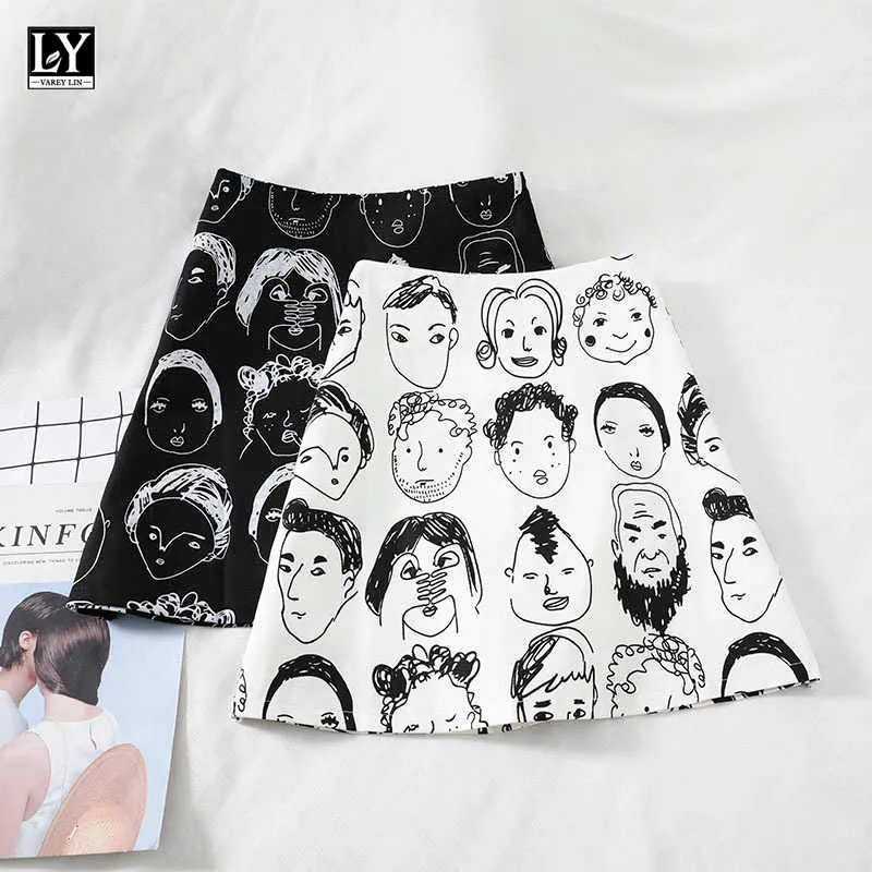 LY VAREY LIN Summer Women Casual Graffiti White High Waist Mini Skirts Female Slim Cartoon A-line Black 210526