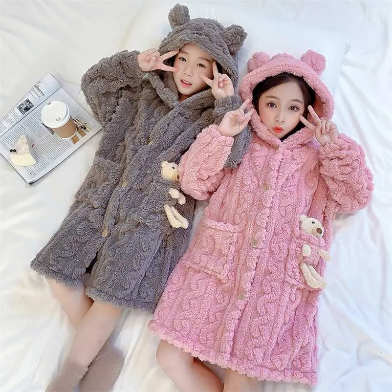 Camicia da notte per bambini Manica lunga con cappuccio Boys Homewear Winter Warm Flannel Girl Girl Accappatoio 3-15Y Autunno Pigiama dei bambini 211130