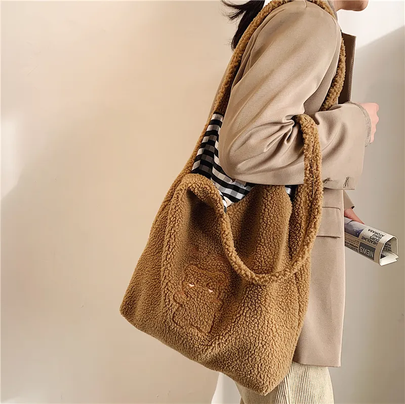 Bolsas de ombro de pelúcia para mulheres, moda simples, tecido quente, bolsa de compras de grande capacidade, bolsa de lona macia, bolsas femininas fofas de urso