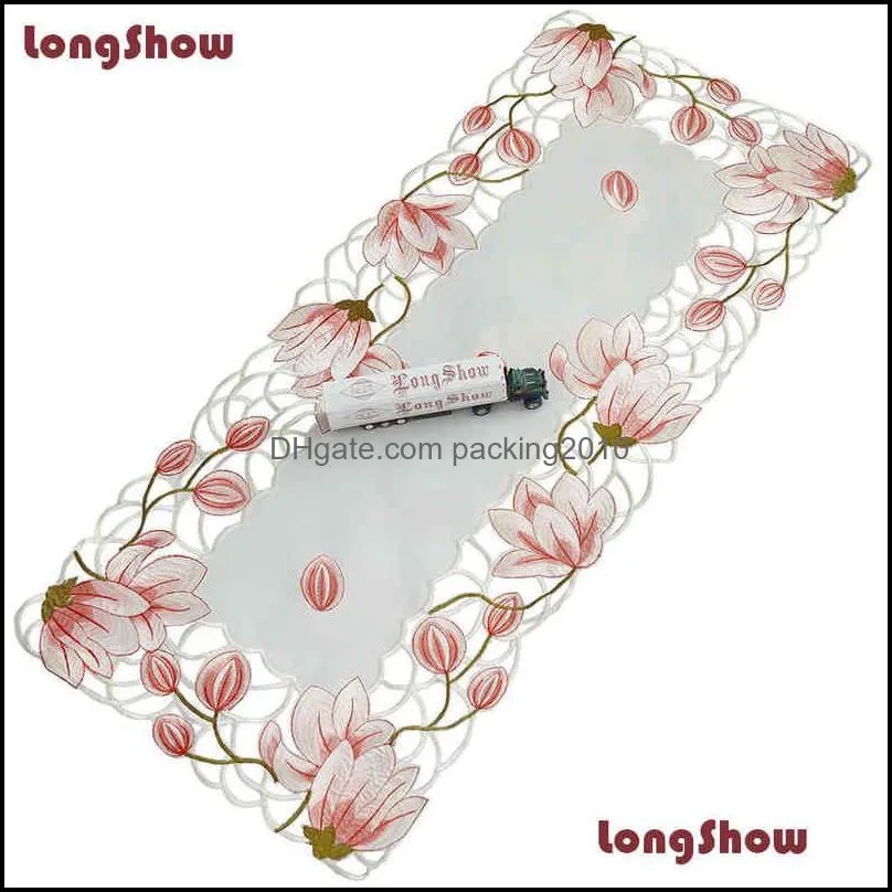 LongShow Luxury Wedding Party Decorative Pink Yellow Color Handmade Satin Cutwork Embroidery Table Runner Christmas Decoration 220107