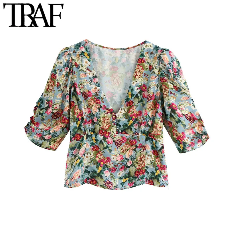 Traf Women Fashion Floral Imprimé Blouses Cradues Vintage V Cou Neck Sleeve côté Zipper Femelle Shirts Blusas Chic Tops 210415