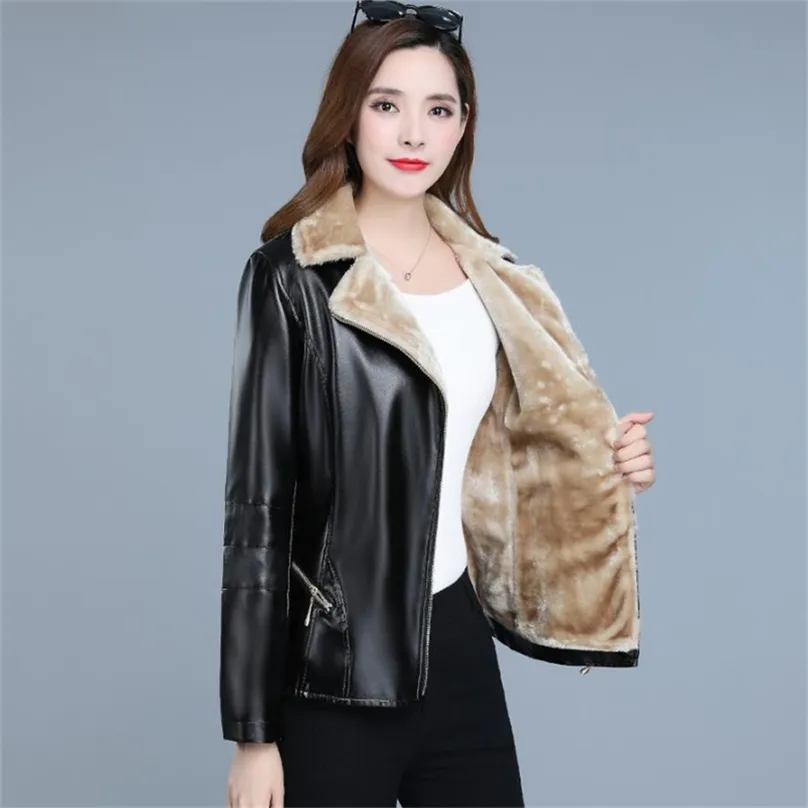 Winter Leather Jacket Women Plus Velvet Black Jackets Size Clothing Short Slim Wine Red Autumn Fashion Coats LR249 210531