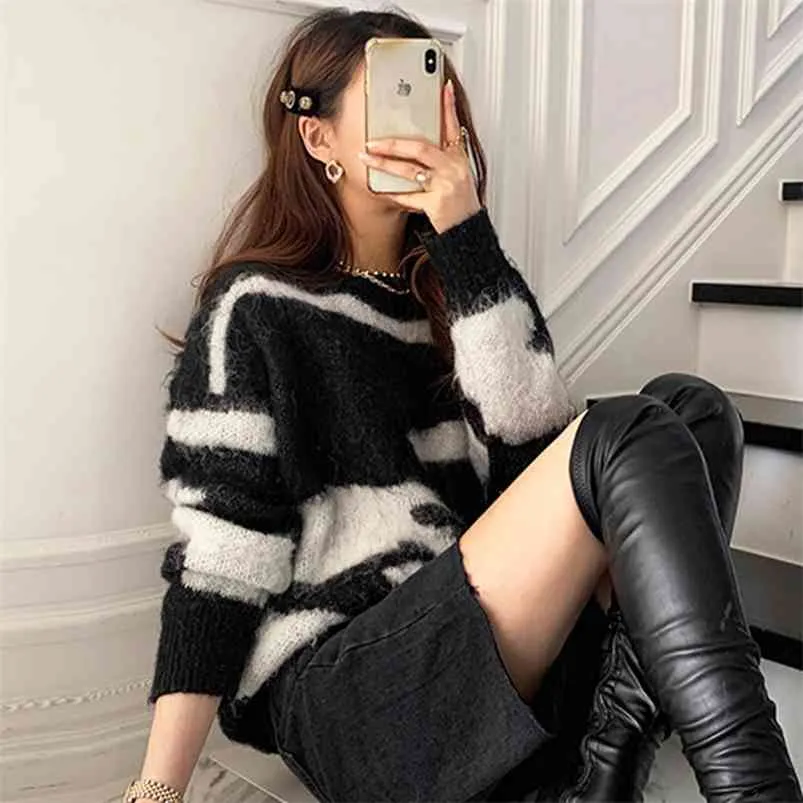 Осень зимний ретро темперамент женские круглые шеи черно-белый цвет соответствует мохаре теплый пуловер свободный свитер UK884 210507