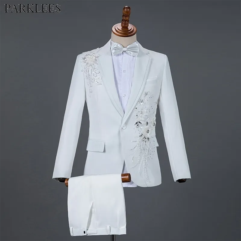 Mens White Floral Sequin 2 Pieces Dress Suit (Jacket+Pants) One Button Notched Lapel Wedding Groom Tuxedo Suit Male Traje Hombre 210522